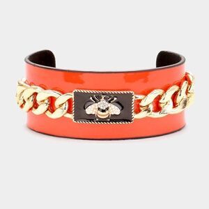 Pearl Honey Bee Red Enamel Chain Cuff Bracelet